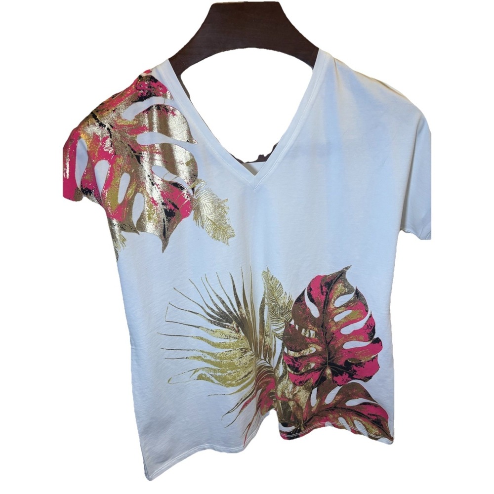 Chicos Small Gold Foil Short Sleeve Top Chicos 0 Pink Palms Metallic Gold - Picture 3 of 11